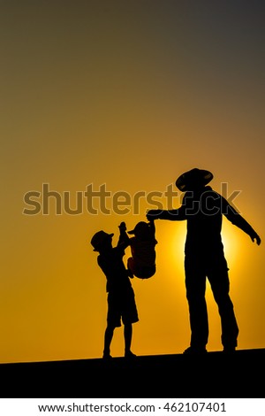 Summer sunset with happy family on outdoors background
