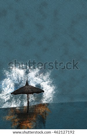 Minimalistic pgoto with straw umbrella on the beach . Vintage painting, background illustration, beautiful picture, travel texture