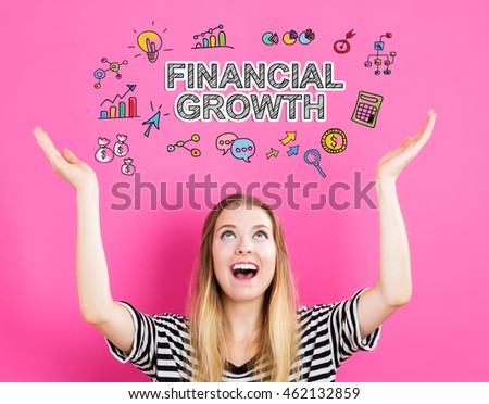 Financial Growth concept with young woman reaching and looking upwards
