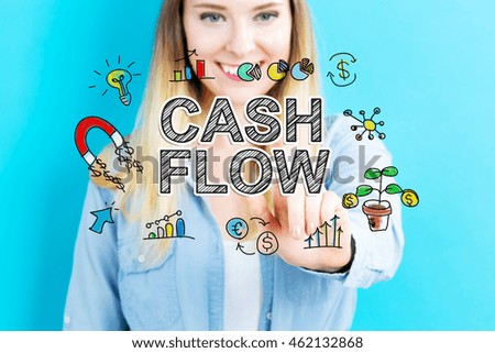 Cash Flow concept with young woman on blue background
