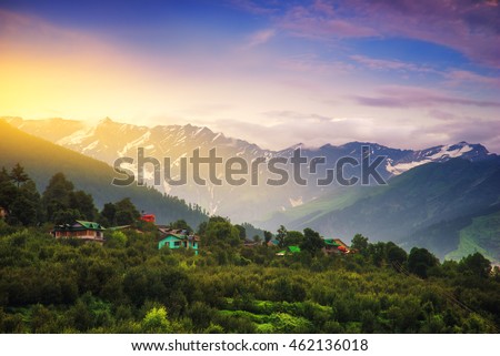 Sunrise landscape view in Manali, India. Royalty-Free Stock Photo #462136018