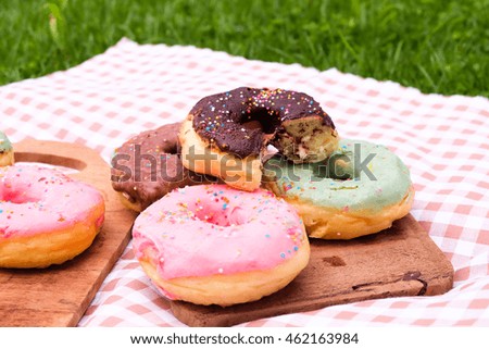 picnic for a summer  with donuts on red tablecloth.