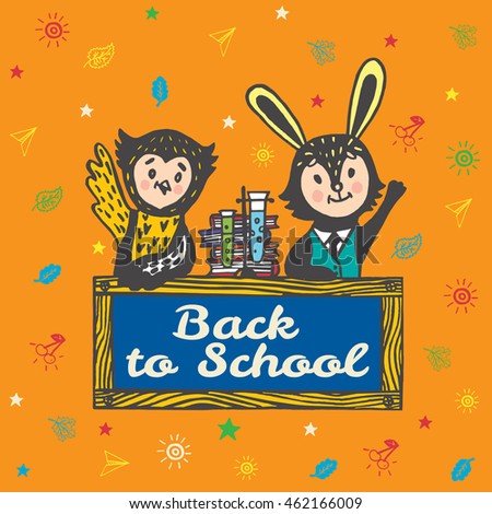 Back to school card with Bunny and Owl students. Vector Illustration on yellow background