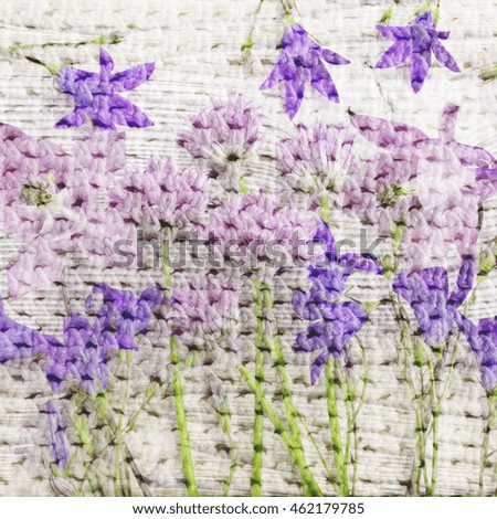 Print style background collage with flowers and crochet pattern