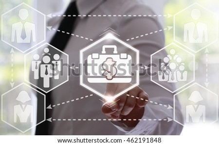 businessman presses briefcase button with a dollar on virtual screens. Businesswoman in white shirt and tie touching a case button with a dollar symbol. Money, bank, business, internet, concept, web.