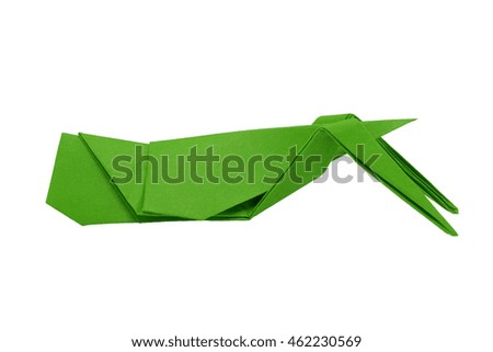 origami green grassshopper beautiful made by one paper without cutting and tearting on white background