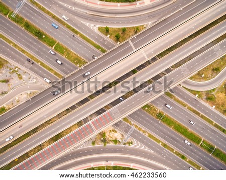 Aerial view of highway interchange of a city, Top view over the road and highway 
