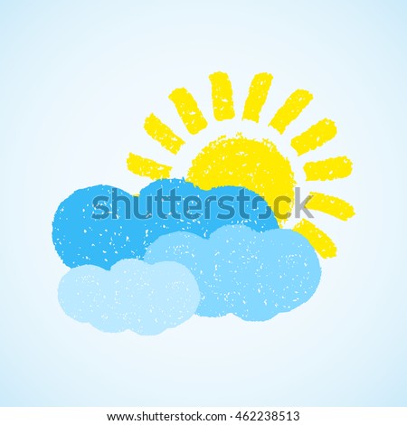 Sun and cloud. Hand painted with oil pastel crayons. Weather forecast, summertime, climate, meteorology concept. Graphic design element for poster, greeting card, scrapbooking, children book Royalty-Free Stock Photo #462238513