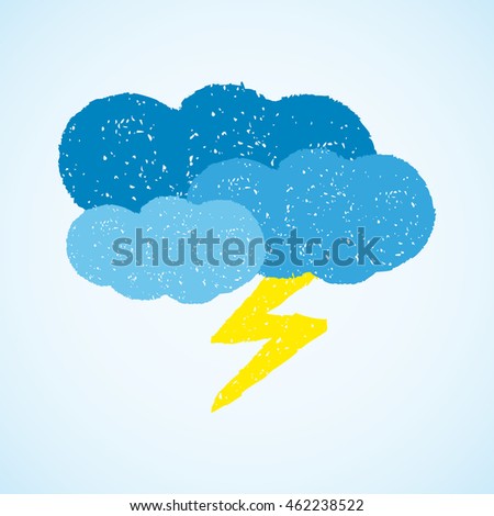 Dark clouds and lightning. Hand painted with oil pastel crayons. Weather forecast, autumn, climate, meteorology concept. Graphic design element for poster, greeting card, scrapbooking, children book