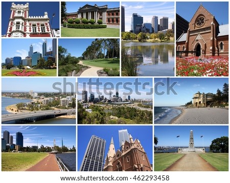Perth, Australia - photo collage with city skylines and landmarks.