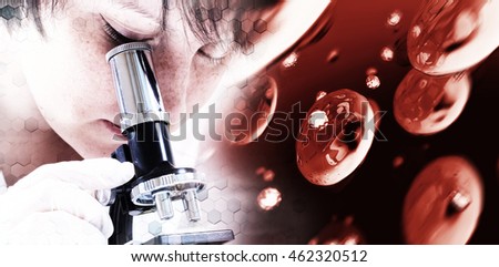 Abstract background science and hexagons. Young female scientist using a microscope