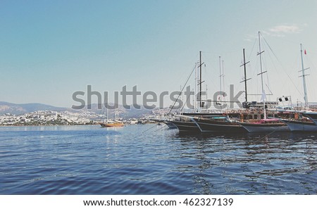 Amazing vintage. Beautiful seascape. Boats with blue sea background. Seascape. Sweet memories. Travel and vacation. Marine style. Stunning view. Wonderful landscape. Amazing places. Matte tone