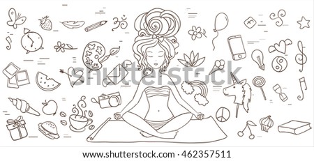 Hand drawn yoga set. Lady meditation. Page for color book