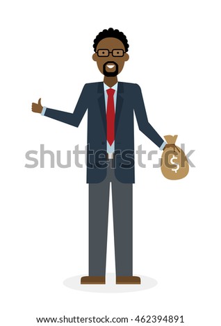 Businessman with money bag and thumb up gesture on white background. Isolated character. African american businessman holding money bag. Concept of successful job.
