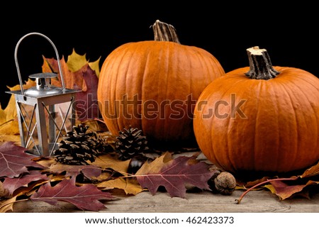 Decoration of pumpkins for thanksgiving day with autumn leaves and lantern on black background
