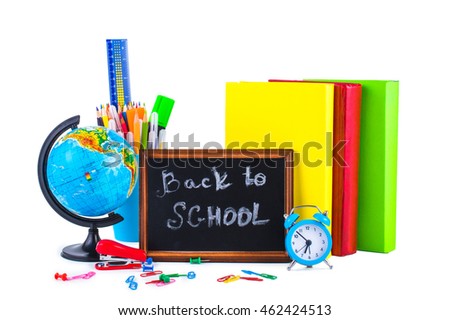 Group School Supplies: backpack, books, alarm clock, pencils, markers, globe, isolated on white background. Back to school concept.