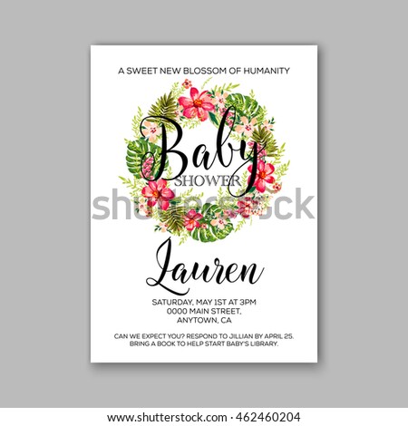 Baby shower invitation template with watercolor flower wreath.