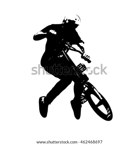 Grunge silhouette of bmx cyclist with trigon pattern isolated on white background. Vector 