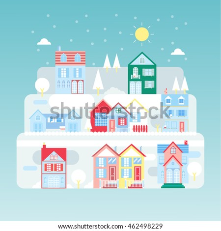 Modern Flat Winter Town and Houses Vector Design