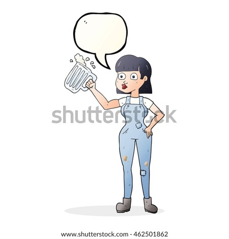 freehand drawn speech bubble cartoon woman with beer