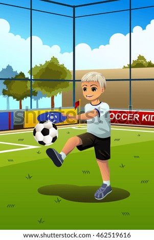 A vector illustration of a boy soccer player kicking a ball