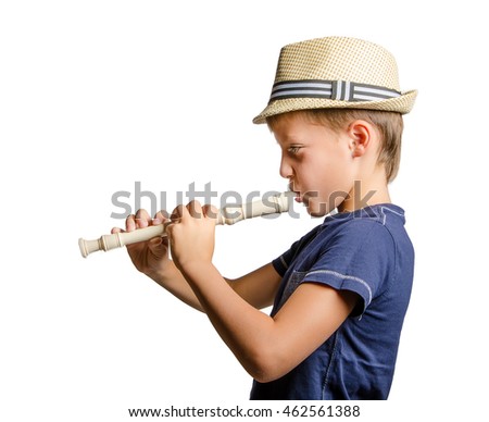 teen playing block flute on white background Royalty-Free Stock Photo #462561388