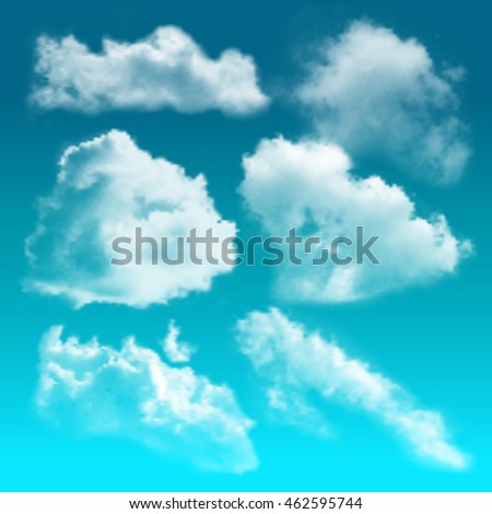 Transparent clouds realistic icon set with clouds in different sizes and form on blue background vector illustration