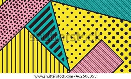 black and white pop art geometric pattern juxtaposed with bright bold blocks of squiggles. Material design background. Futuristic, prospectus, poster, magazine, broadsheet, leaflet, book, billboard Royalty-Free Stock Photo #462608353