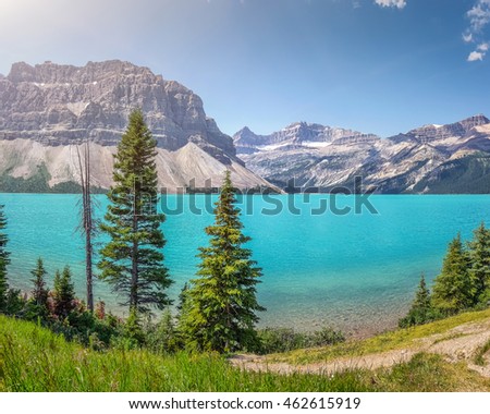 Beautiful picturesque mountain scenery with view at idyllic Bow Lake with famous Bow Mountain Summit in the background in Banff National Park on a sunny day with blue sky in summer, Alberta, Canada