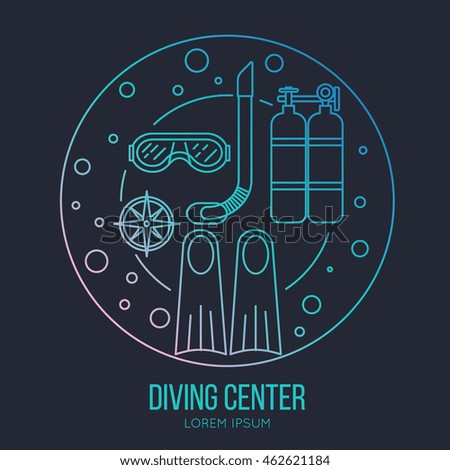 Diving center emblem, banner. Vector illustration in line art style. Design concept for poster, card, logo with mask, compass, oxygen balloon and flippers.
