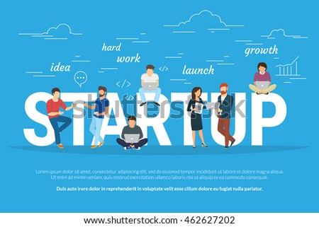 Startup concept flat illustration of business people working as team to launch the business. Young men have an idea, programmer works hard, managers and others promote the project using laptops Royalty-Free Stock Photo #462627202