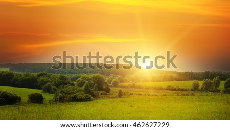 field, sunrise and blue sky Royalty-Free Stock Photo #462627229