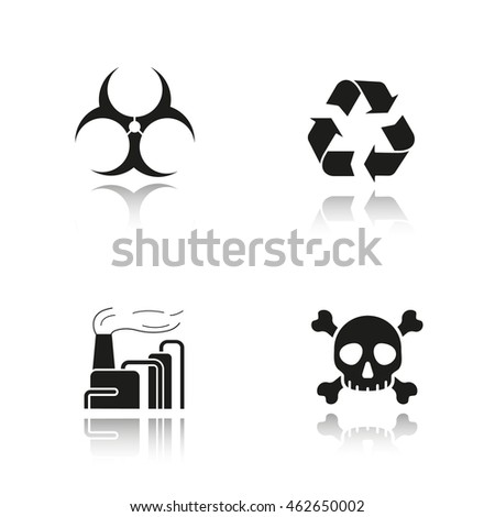 Industrial pollution drop shadow black icons set. Biohazard and recycle symbols, factory air pollution and skull with crossbones poison sign. Isolated vector illustrations