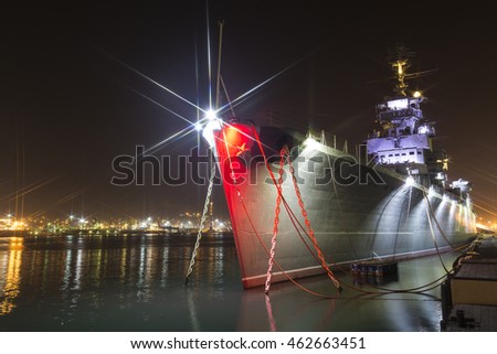 Large ship at harbor night time