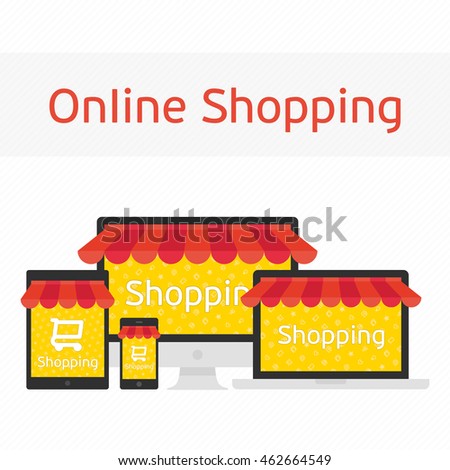 Online shopping concept. Infographics background of E-commerce. Computer, tablet, laptop and smart phone with awning. Icons for marketing and online shopping.