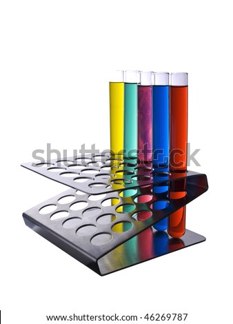 Several test tubes filled with color liquids. Isolated on white.