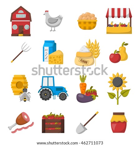 Vector illustration with cartoon farm market icons. Organic farm concept. Harvesting, agriculture icons. Cartoon bio eco farm products: vegetables, meat, milk products, honey, fruits