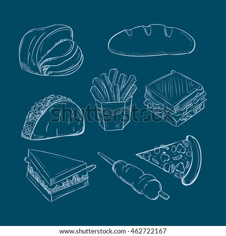 sets of Meal doodle on Blue background.