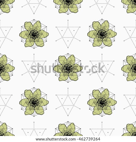 Seamless pattern with flowers and geometric shapes. Vector background.
