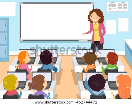 Stickman Illustration of Preschool Children in a Computer Class