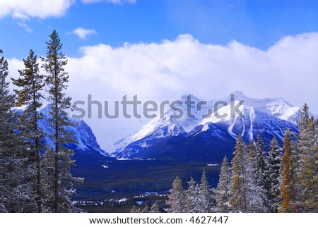 Snowy mountain ridge at Lake Louise ski resort in Canadian Rockies