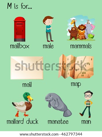 Many words begin with letter M illustration