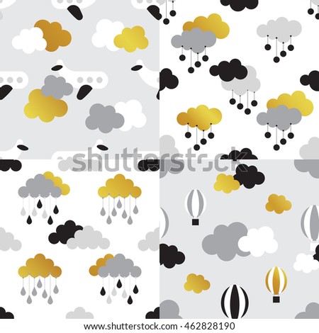 Scandinavian seamless pattern set. Gold monochrome seamless patterns. Kids background. Vector seamless baby pattern. Perfect for wrap and holiday package.
