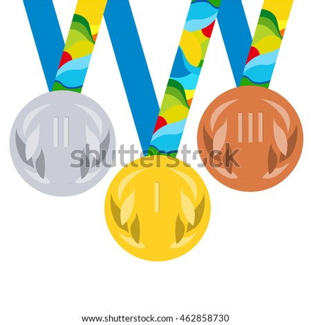 Vector prize medals for winners: gold, silver, bronze medal. Set of medals with ribbon for first, second, third place in sport competition.  Paralympic games.  Games Rio de Janeiro.