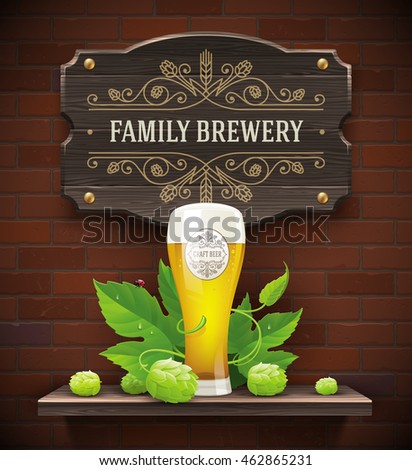 Signboard with brewery flourish logo and still life with beer glass and hop on a brick wall background - vector illustration