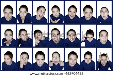 Collage of twenty-one pictures. Emotions boy.