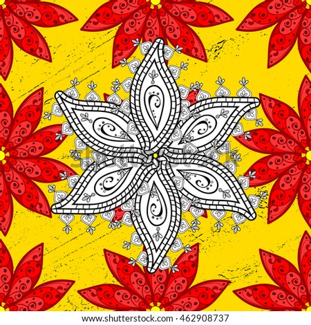 Seamless red and white doodles flower on yellow background with golden elements. Vector illustration.