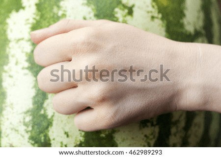   photographed close-up of female hand lying on green ripe watermelon