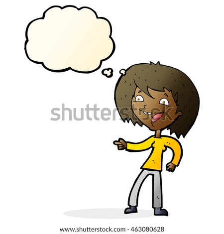 cartoon woman laughing and pointing with thought bubble