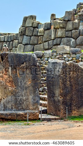 Ruins of the ancient Inca fortress Saksaywaman near Cusco in Sacred Valley, Peru (since 1983 was added as part of the city of Cusco to the UNESCO World Heritage List)
